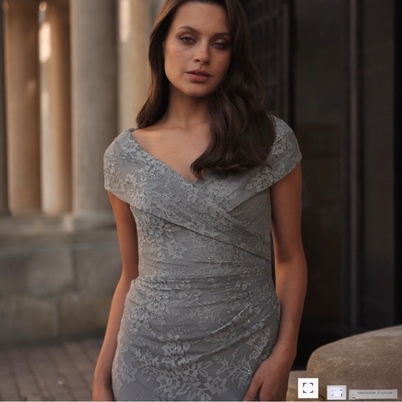 NWT LA FEMME Special Occasion Mother of the Bride Gray Lace Column Gown, Size 14 - Picture 2 of 10